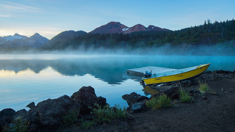 misty, morning, mountain, mist, boat, landscape, lake, 1080P