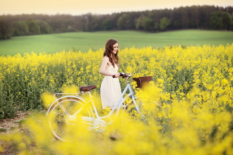 women, model, women with bicycles, Rapeseed, yellow flowers, field, 2K, bicycle