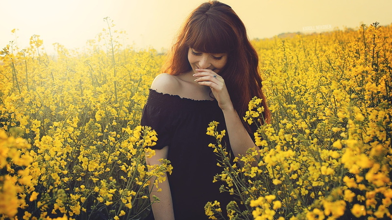 black dress, growth, flowers, Rapeseed, one person, beauty in nature, lifestyles, outdoors, flowering plant, 1080P, flower, women outdoors, long hair