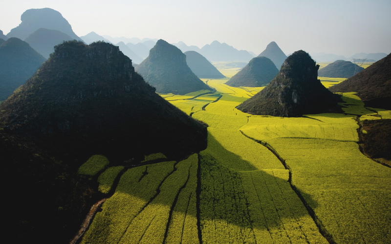 Rapeseed, sunlight, China, mist, hills, landscape, 2K, nature