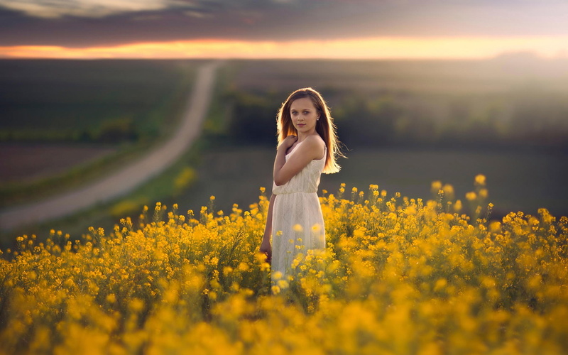 Canola, White, lace, Golden, Flowers, Dress, s, 1080P, Girl
