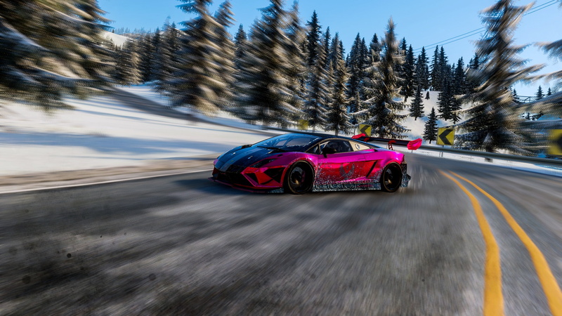 sign, 2K, sports race, land vehicle, pink, drift, sport, no people, road, blurred motion, sports, day, mode of transportation, winter, video games, The Crew Wild Run