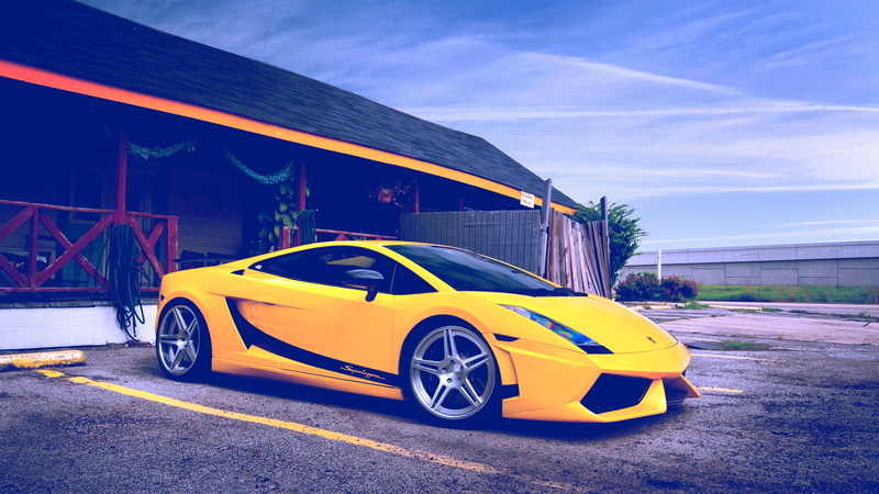 city, land vehicle, nature, architecture, blue, lamborghini gallardo superleggera, street, no people, sky, yellow, garage, building exterior, 720P, built structure