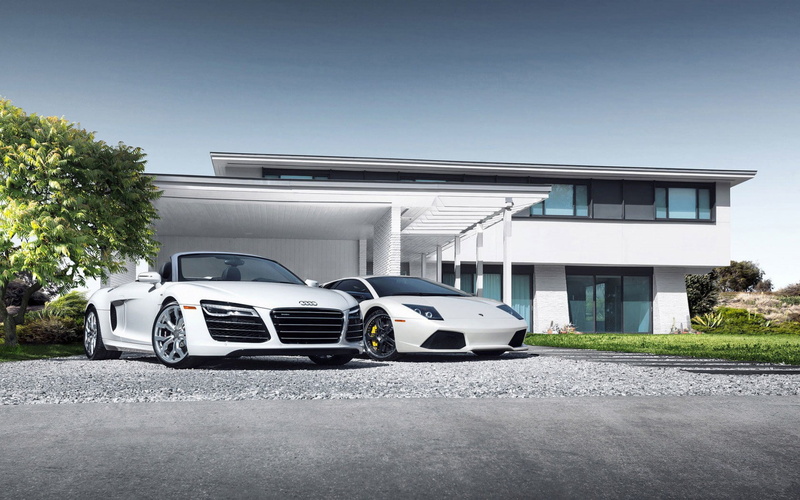 convertible, white, audi, Trees, LP640-4, 720P, coupe, Audi R8, supercar, Mursielago, sports, gray, sky, r, Grass, Howes, Spyder, Sleep, Lamborghini, VNITI
