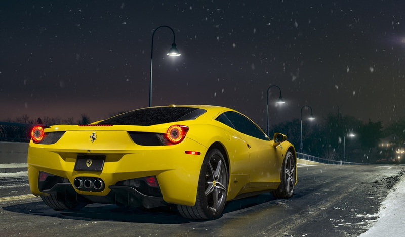 Rear, Snow, 1080P, Yellow, Road, Ferrari, Nigth, Ligth, 458, Supercar, Italia