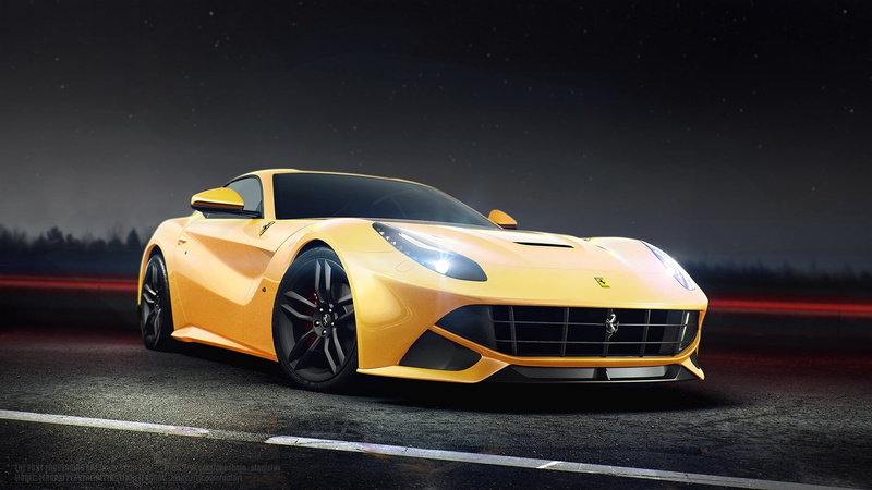 Nigth, F12, Ferrari, Ligth, Road, Berlinetta, Front, Yellow, 1080P