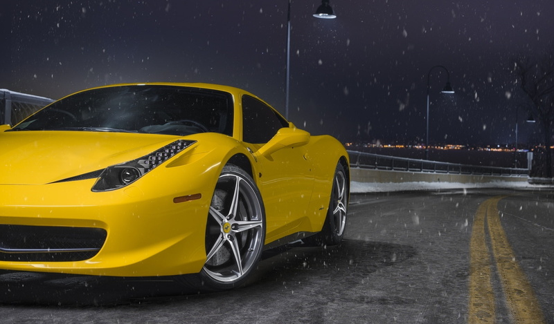 Nigth, 458, Yellow, Ligth, Ferrari, Wheels, Italia, Road, Snow, Front, 1080P, Supercar