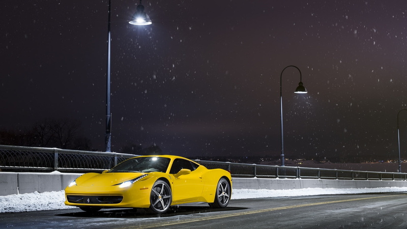 458, Ligth, Road, Supercar, Front, Snow, 1080P, Yellow, Nigth, Ferrari, Italia