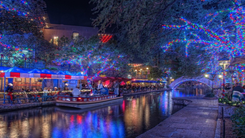 lake, nautical vessel, building exterior, decoration, san antonio, light, lighting equipment, plant, reflection, celebration, illuminated, trees, canal