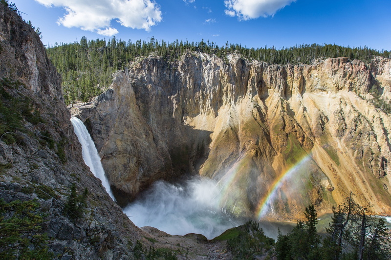 rock, spectacle, rock formation, waterfalls, landscape, waterfall, day, cloud - sky, mountain, sky, cliff, wyoming, yellowstone national park, surrounded