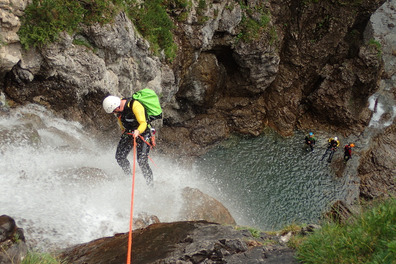 alpine hiking, water, waterfalls, canyon, mountain, rock climbing, canyoning, cascade, climbing equipment, adventure, 4K, activity, beauty in nature, motion