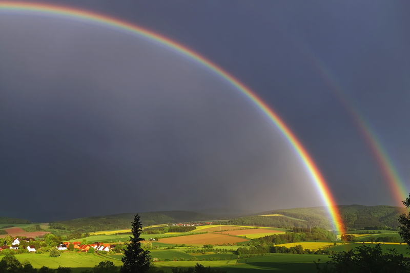 no people, double rainbow, weather mood, environment, landscape, peaceful, heaven mood, tranquility, mood, green color, nature, scenics - nature, rest