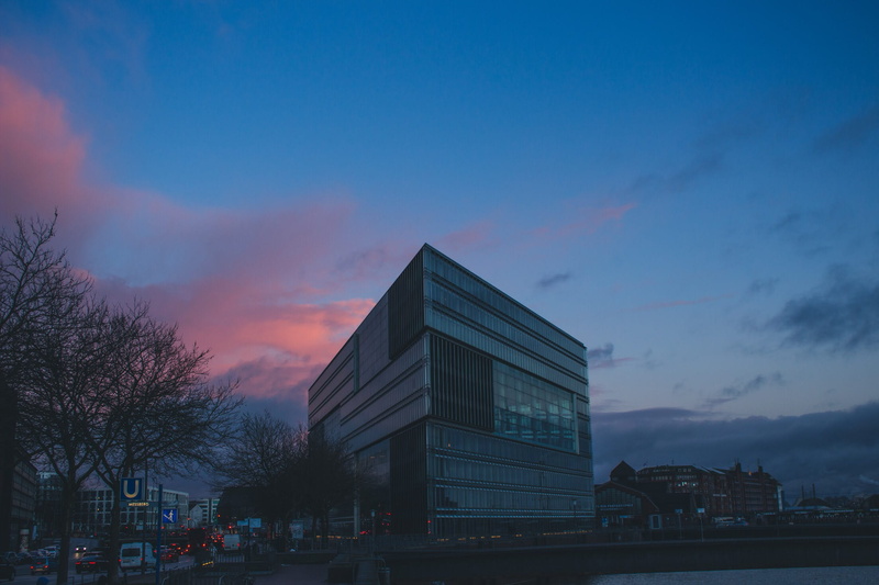 plant, office, city, hamburg, street, blue, cotton candy, moody, motor vehicle, sky, tree, 1080P, architecture, modern, trend, nature, pink sky, dusk