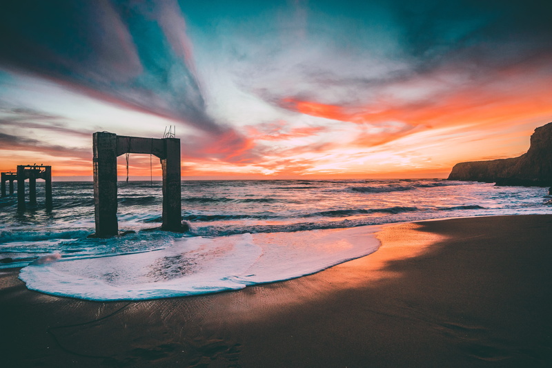wafe, santa cruz, coast, cotton candy, beauty in nature, sunset, nature, gray, sea, architecture, dramatic sky, beach, cloud, sky, built structure, concrete