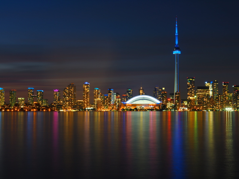 reflection, nightlife, tall - high, travel destinations, skyscraper, financial district, 5K, sky, toronto, city, water, town center, no people, office building exterior