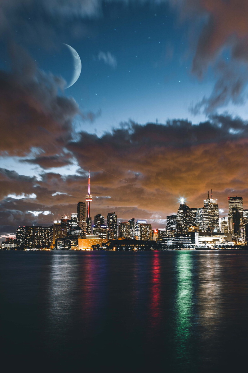 night photography, canada, skyscraper, office building exterior, street, river, full moon, built structure, illuminated, toronto, building, architecture