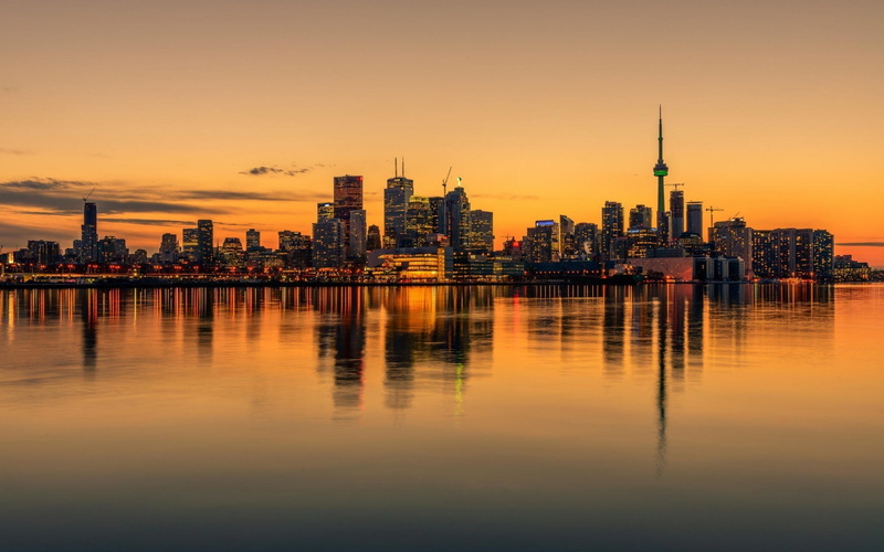 Canada, skyline, 1080P, Cityscape, reflection, Toronto, water, sunset
