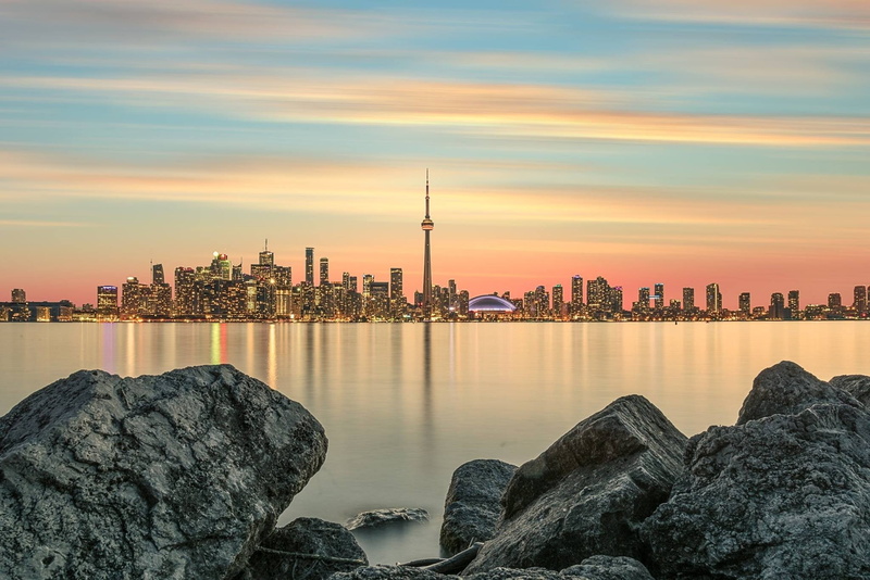 1080P, city, skyline, building, Toronto, rock, sunset, Long Exposure, Canada, water
