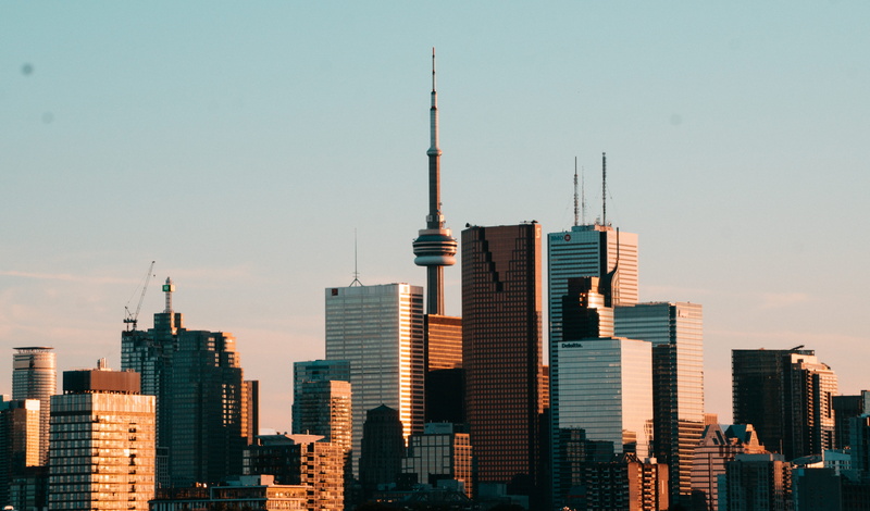 office building exterior, modern, urban skyline, buildings, financial district, cntower, sky, td, cibc, bmo, residential district, tall - high, cn, sunset