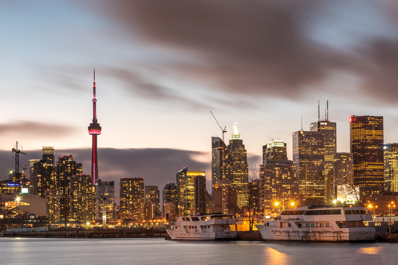 office building exterior, dusk, panoramic, Toronto, urban Scene, outdoors, night, office Building, nighttime, cloud - sky, twilight, building, canada, landscape