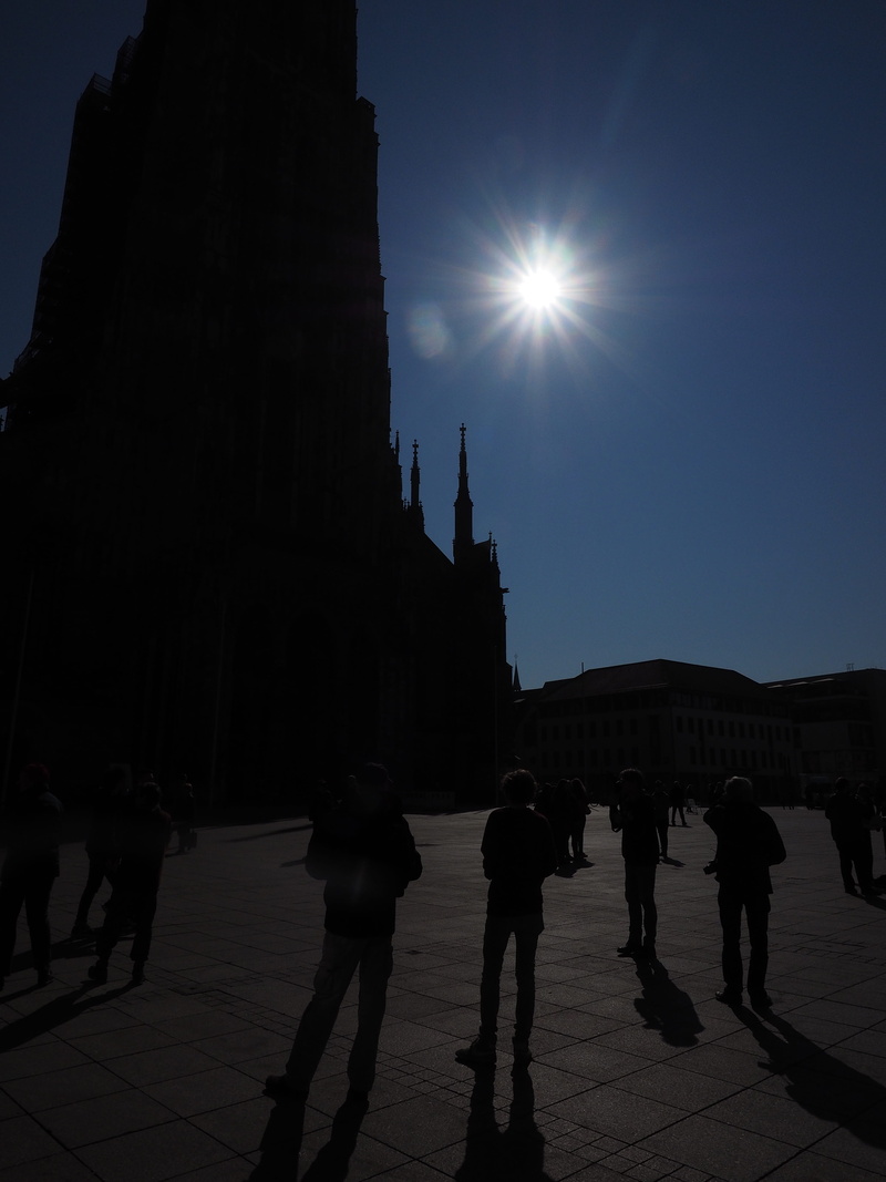 lens flare, sky, travel destinations, ulm cathedral, silhouette, large group of people, münster, bright, observation, crowd, sun, group of people, sunshine