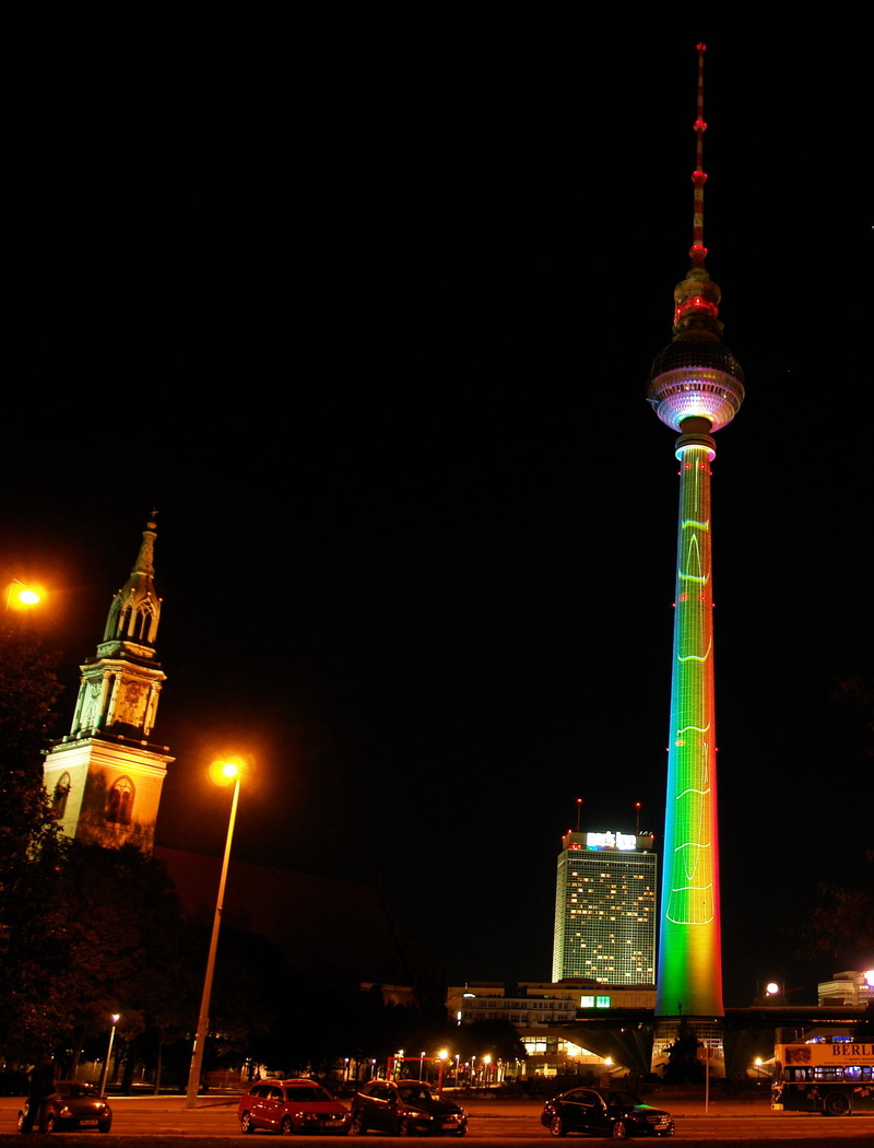Night, built structure, building, Lightshow, skyscraper, city life, travel destinations, cityscape, Berlin, sky, City, tower, illuminated, office building exterior