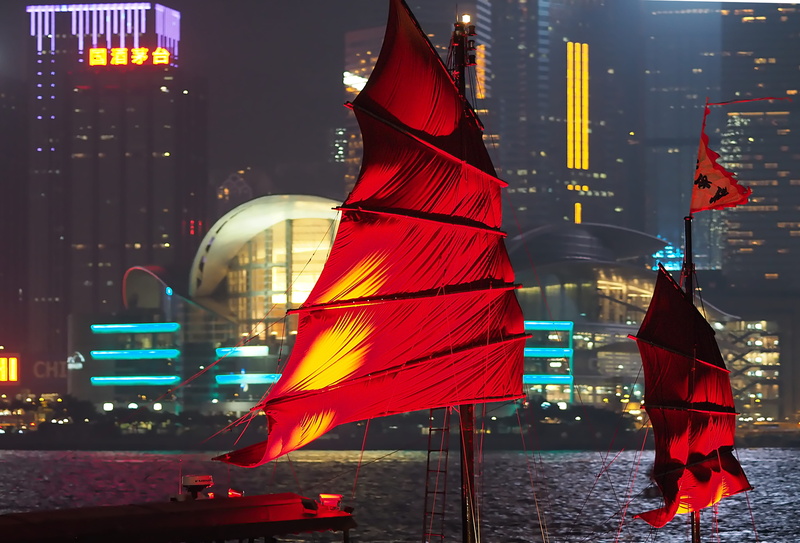 Port, building exterior, skyscraper, Boot, night photograph, city, lightshow, built structure, travel destinations, Hong Kong, architecture, building, celebration
