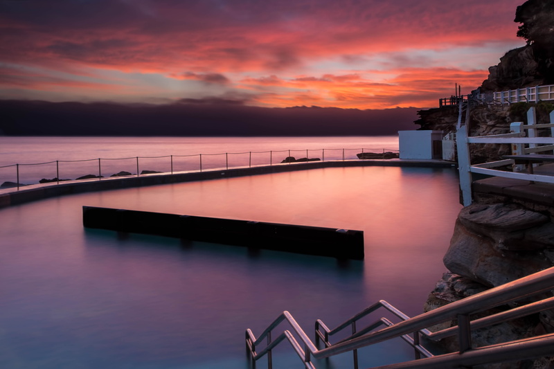 long exposure, tranquil scene, cloud, travel destinations, metal, pool, tranquility, smooth, sea, railing, dramatic sky, cloud - sky, 5K, beach, gray
