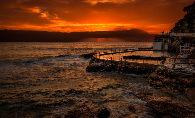 dusk, cloud, cloud - sky, sky, beauty in nature, body, wave, sunset, sea, outdoors, cloudscape, pool, nature, water, pier at sunset, built structure, australium