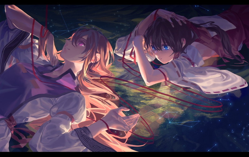 1080P, blue, japanese, dress, touhou, eyes, yukari, musci, blonde, long, clothes, ribbons, hakurei, girls, yakumo, brown, pink, reimu, hair, ouka, miko