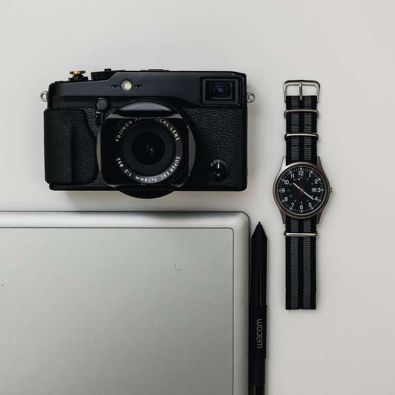 photographic equipment, designer, camera - photographic equipment, pen, tablet, black color, 4K, vintage, photography themes, studio shot, still life