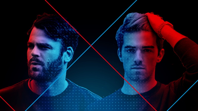 two people, looking at camera, portrait, The Chainsmokers, studio shot, front view, illuminated, black background, headshot, indoors, human face, people