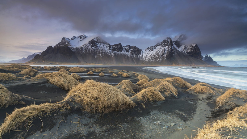 evening, dried, beach, outdoor, dunes, capped, imaging, snow, cloud, line, landscape, coastline, Iceland, south-east, scenics, 720P, mountain, Sands, nature