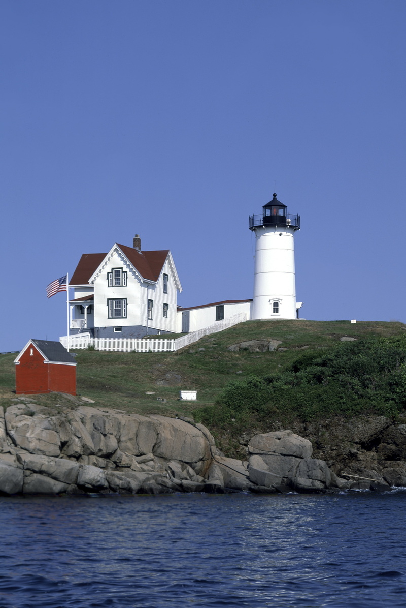 direction, security, house, outdoors, tower, water, building, landscape neddick lighthouse, atlantic, white, carol m highsmith, architecture, clear sky