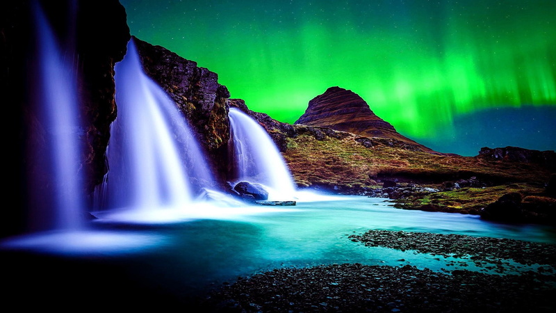 water, night sky, 1080P, northern lights, aurora borealis, aurora, green sky, waterfall, sky