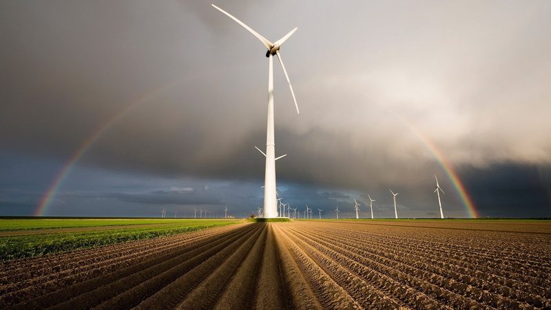 sky, field, clouds, fisheye lens, landscape, wind turbine, nature, 1080P, horizon, storm, rainbows