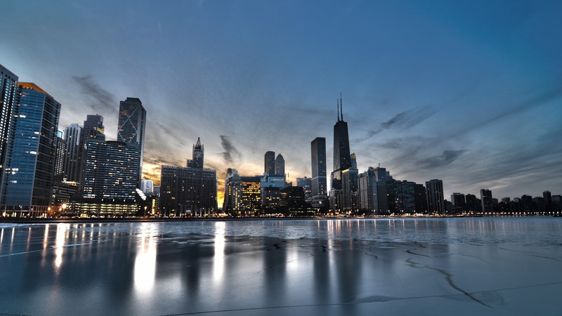 illuminated, urban skyline, Chicago, city, skyscraper, travel destinations, outdoors, reflection, concrete, HDR, USA, sky, modern, sea, built structure