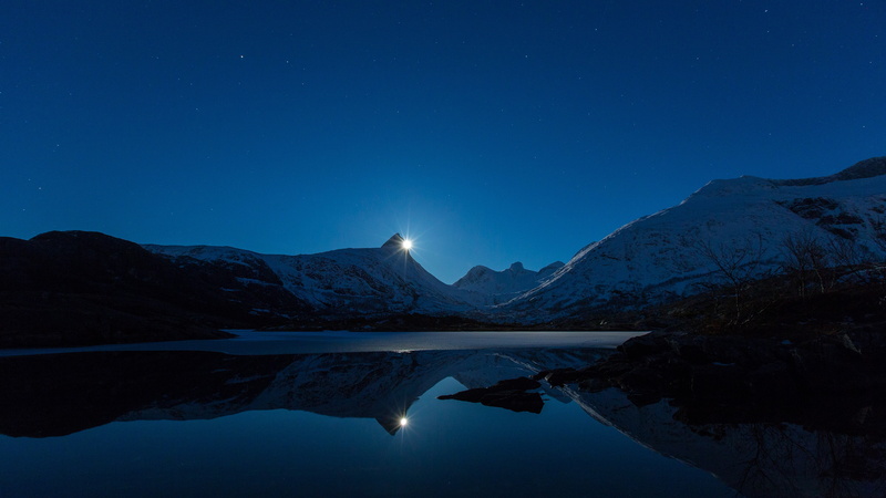 snow, 4K, moonlight, hills, stairs, night, reflection, landscape, clear sky, Moon, winter, mountains, nature, lake, ice