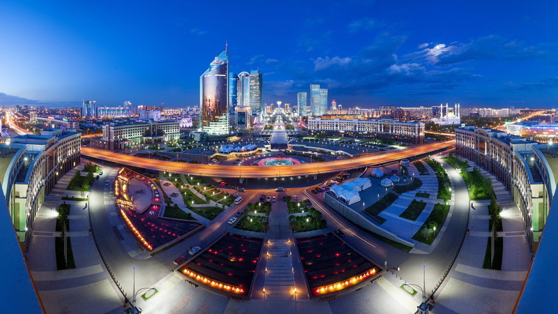 1080P, Astana  street  architecture  Kazakhstan  fisheye lens  night  cityscape  lights  trees  city  building  town square  birds eye view  skyscraper