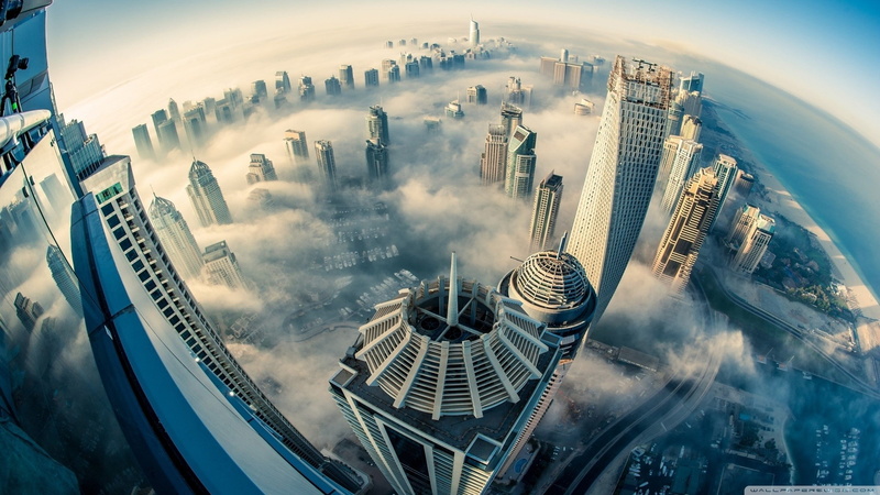 skyscraper, heights, urban, aerial view, mist, fisheye lens, building, sea, 2K, clouds, cityscape, Dubai, photography, city, architecture