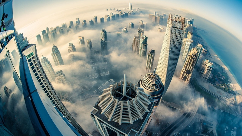 city, aerial view, clouds, sea, mist, photography, fisheye lens, Dubai, architecture, heights, cityscape, 1080P, building, skyscraper, urban