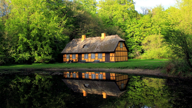 waterway, reflection, water, pond, lake, house, nature, cottage, 4K, bank, tree, plant