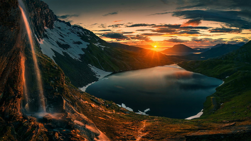 wilderness, mountain lake, mountain range, norway, landscape, lake, senja, reflection, beauty in nature, sky, scenics - nature, outdoors, sunset, nature