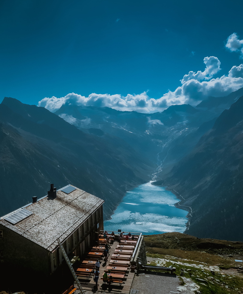 outdoors, no people, tranquil scene, hiker, water, building, hike, mountain, tyrol, landscape, blue, tranquility, mountain range, hutte, resort, tirol