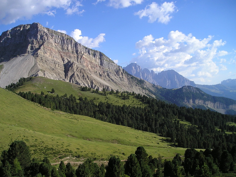 mountain Peak, scenics, non-urban scene, cloud - sky, dolomites, nature, Plattkofel, tree, plant, tranquility, green Color, formation, scenics - nature