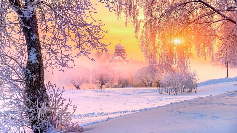 tree, winter, park, snow, temple, 1080P, sunlight, russia, st. petersburg, chapel, morning, frost, freezing, light, orange sky, branch, sky, sunrise, murinskiy park