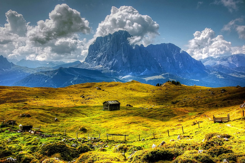 plant, unesco world heritage, meadow, snowcapped mountain, dolomites, italy, valley, mountains, sky, view, winter, sun, alm, valgardena, alpine, 2K, mountain peak
