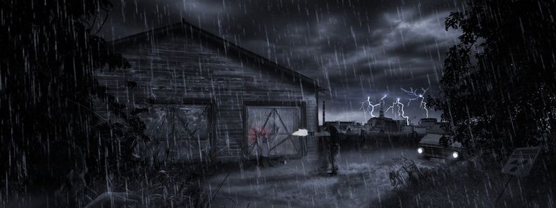 old, poster, abandoned, no people, power in nature, blood, house, building, motion, artwork, gun, scenics - nature, rain, cloud - sky, fantasy art, building exterior