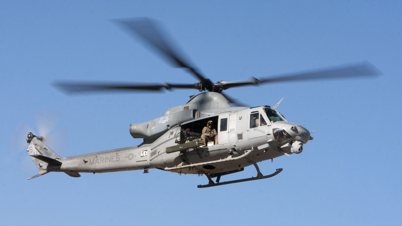 1080P, sky, day, mode of transportation, air vehicle, USMC, blue, airplane, mid-air, military, weapon, Bell UH-1Y Venom, army, flying, nature, propeller