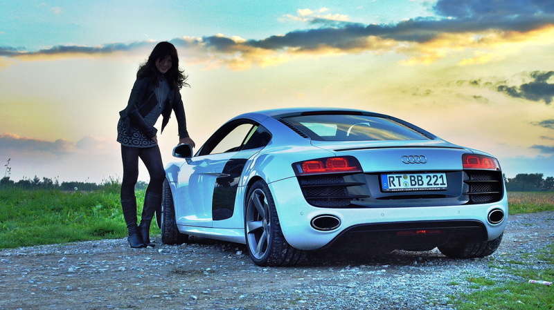 thunderstorm, sports car, long hair, audi, road, parkedo, 2K, clouds, leaning, woman, full length, landscape, super sport, hair, sunset, hairstyle, standing